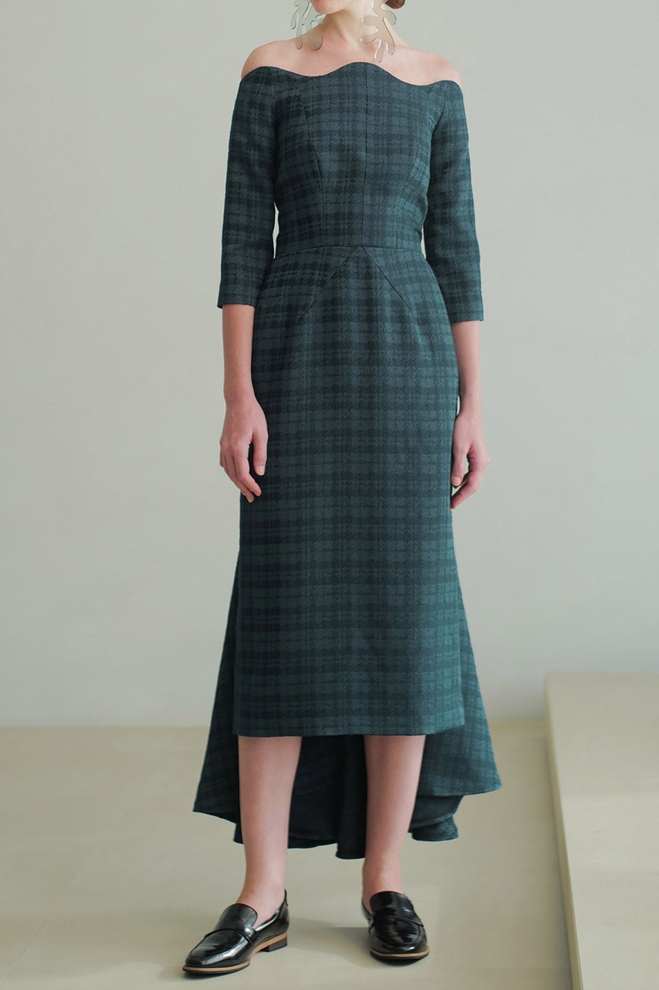 EQUILATERAL Dress in Plaid Dark Green