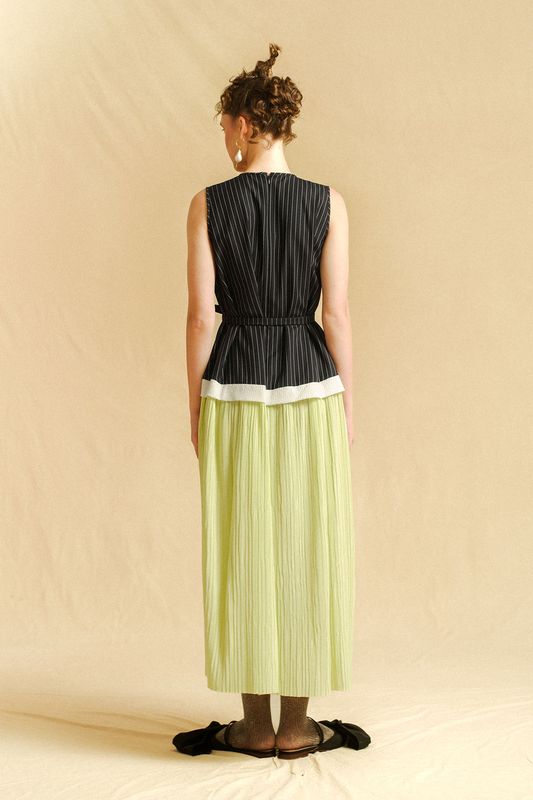 FRISSON Dress in Navy Stripes/Neon Yellow Pleats