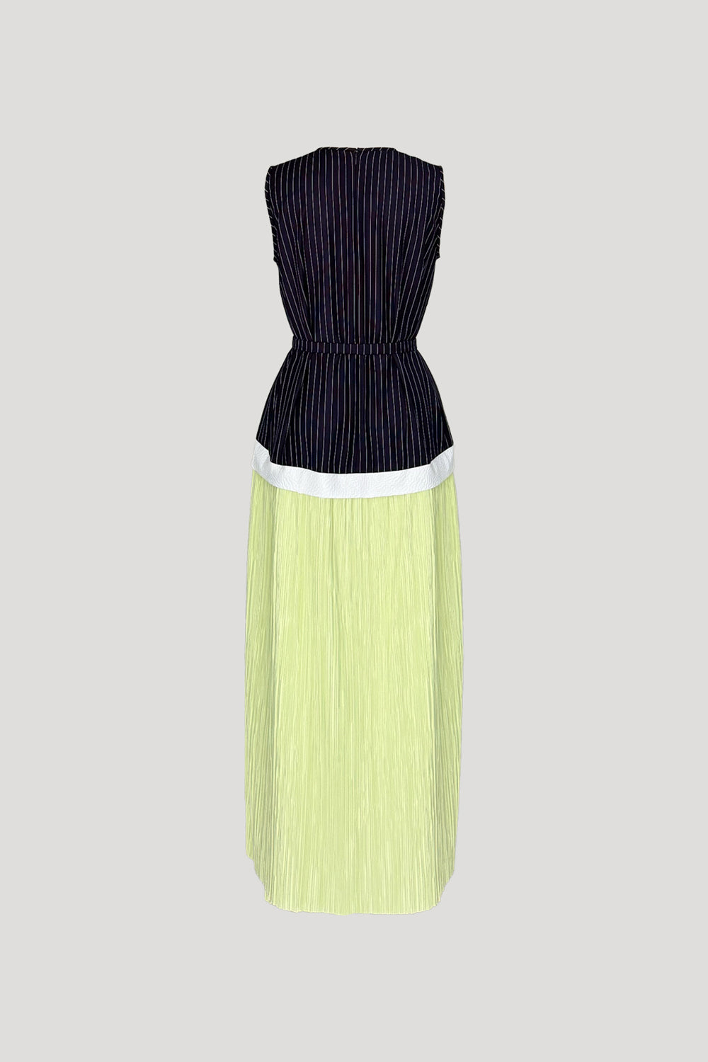 FRISSON Dress in Navy Stripes/Neon Yellow Pleats