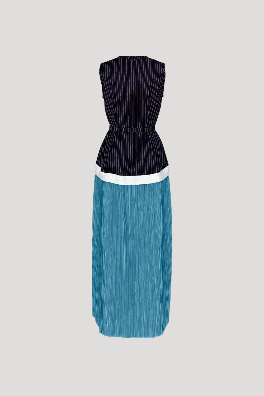 FRISSON Dress in Navy Stripes/Turquoise Pleats