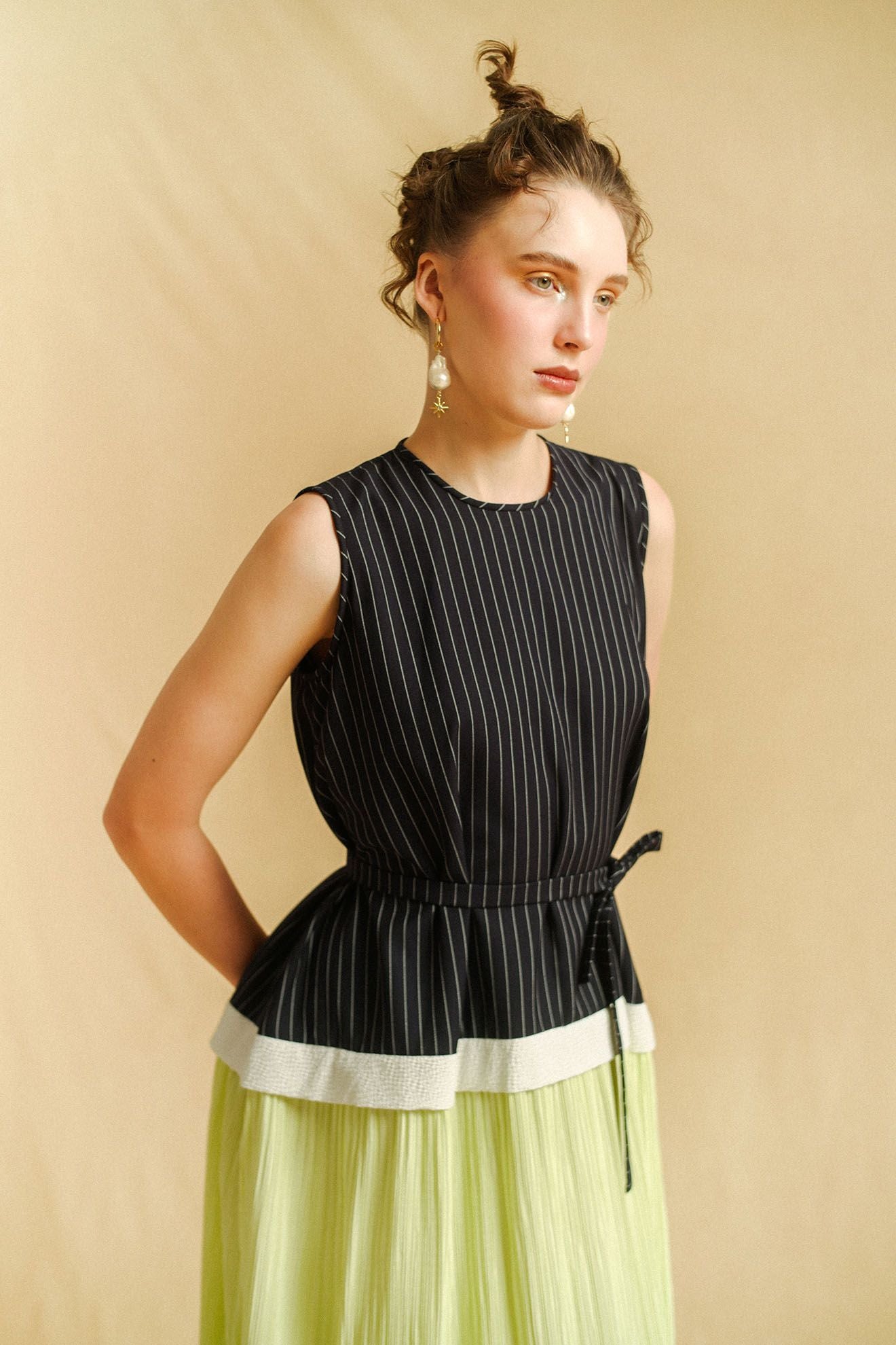 FRISSON Dress in Navy Stripes/Neon Yellow Pleats