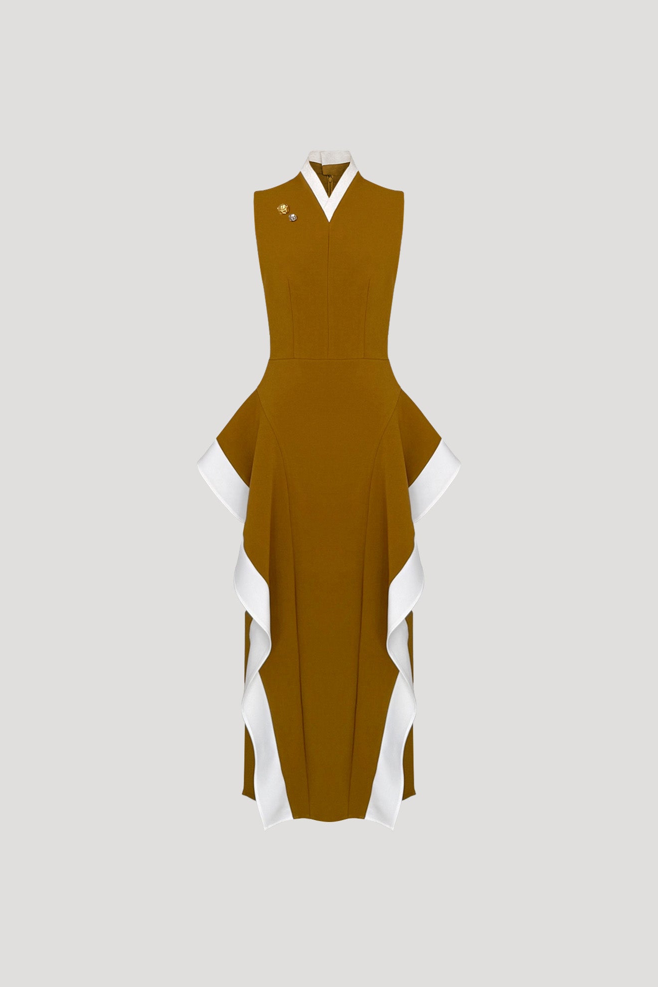 HIBARI Dress in Ochre Brown/White