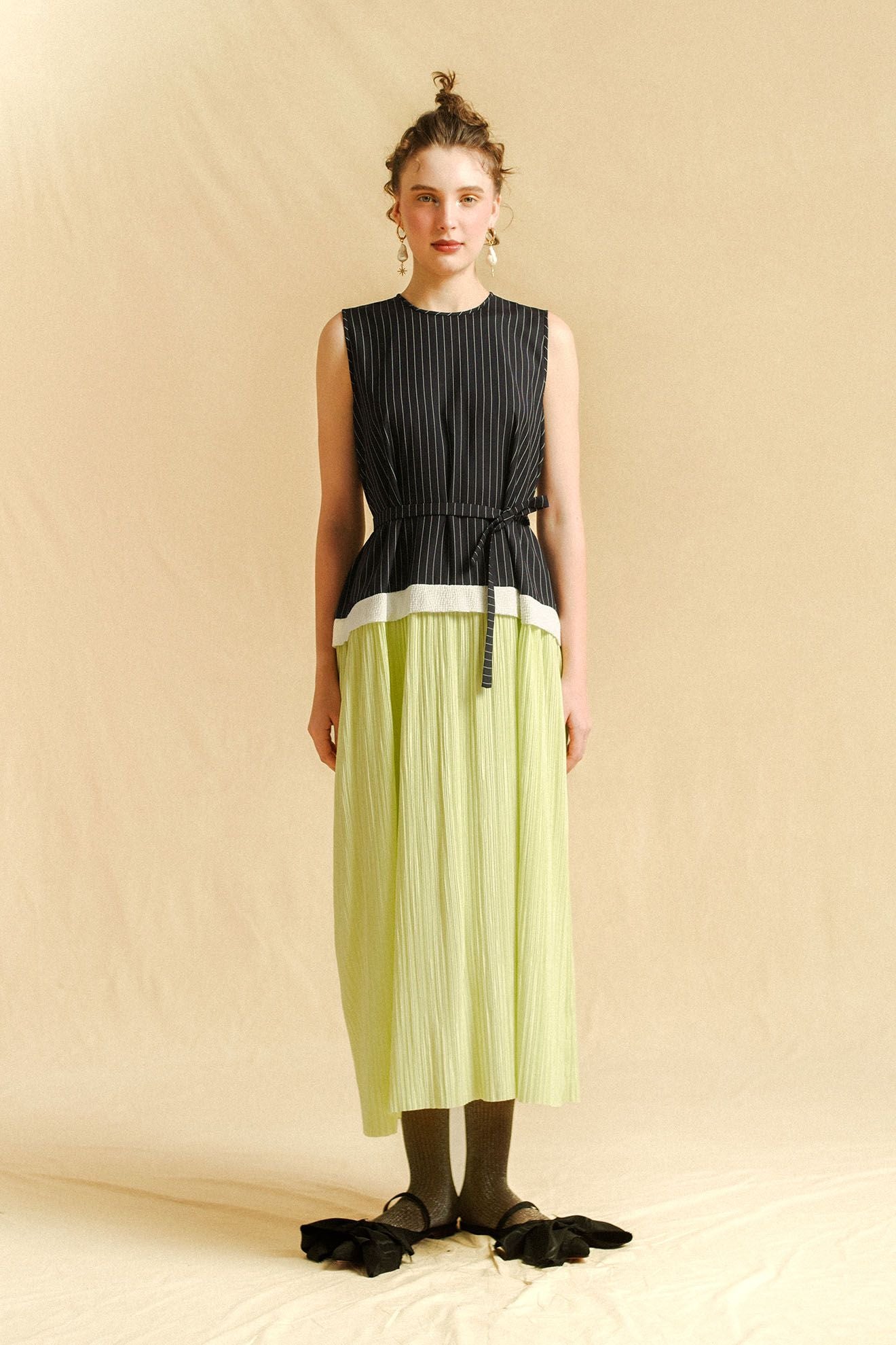 FRISSON Dress in Navy Stripes/Neon Yellow Pleats