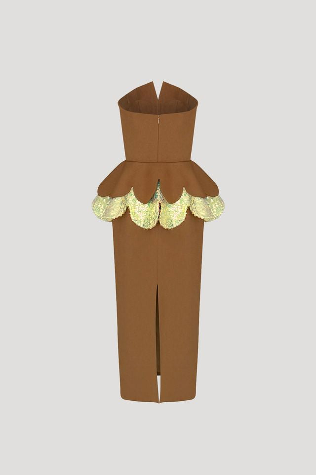 KASHIWA Dress in Ochre Brown/Iridescent Yellow