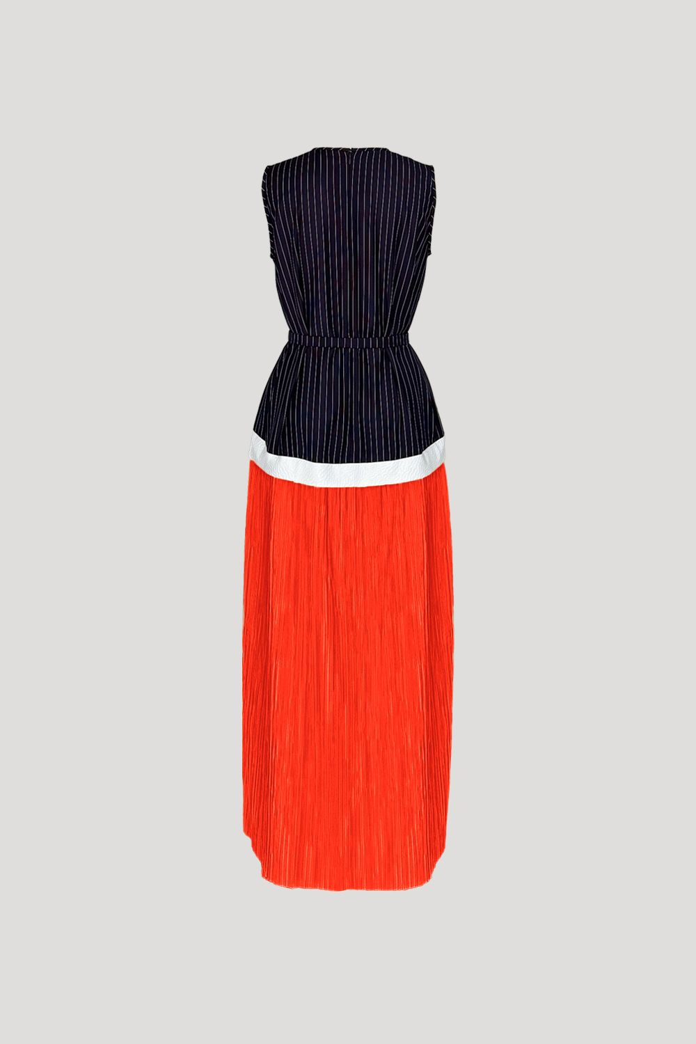 FRISSON Dress in Navy Stripes/Orange Pleats