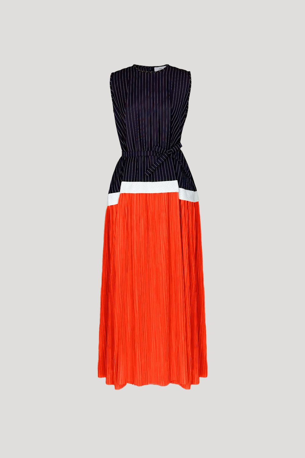 FRISSON Dress in Navy Stripes/Orange Pleats